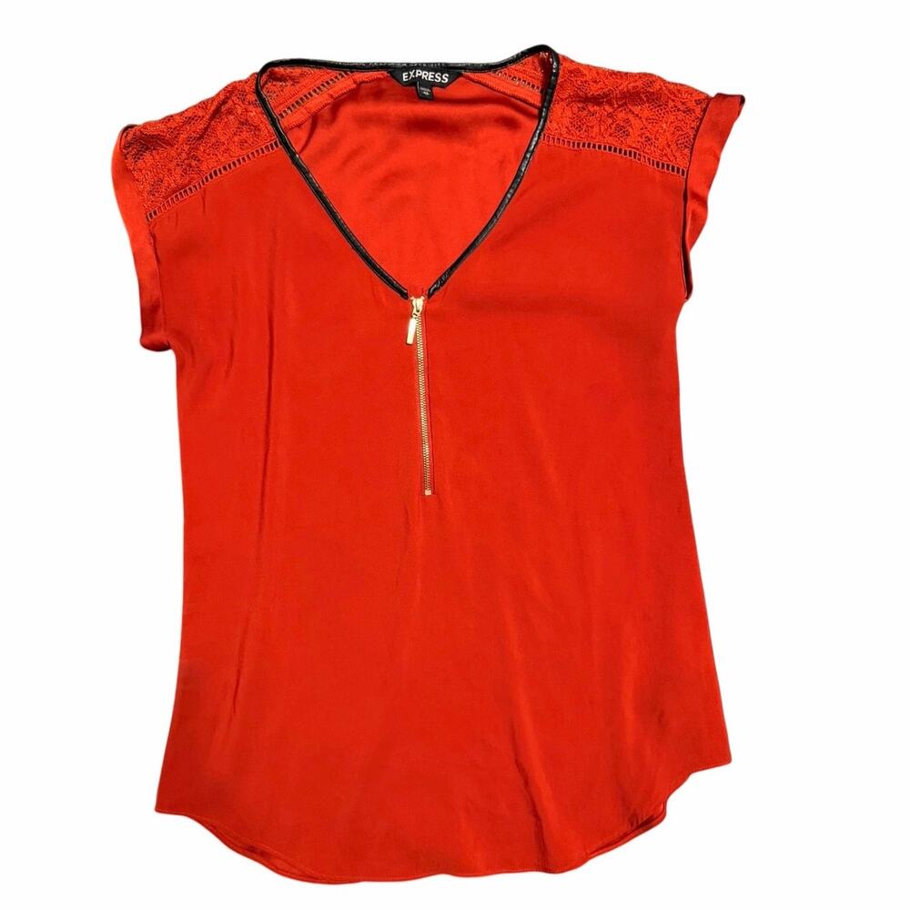 Express Red Lace Shoulder Sleeveless Blouse Gold Zipper Black Trim XS